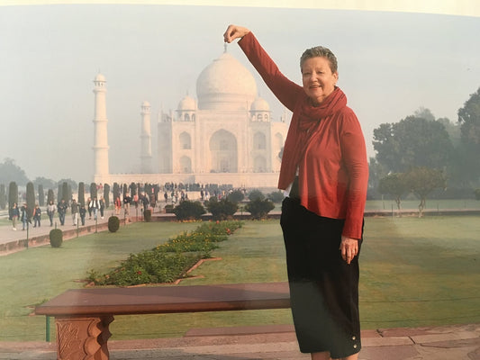 Best travel clothing ever. Woman in Movement Global Organic Bamboo clothing in front of Taj Mahal